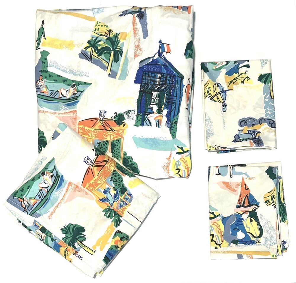 Vintage Martex French Riviera Cote D Azur Full Sheet Set Coastal Beach